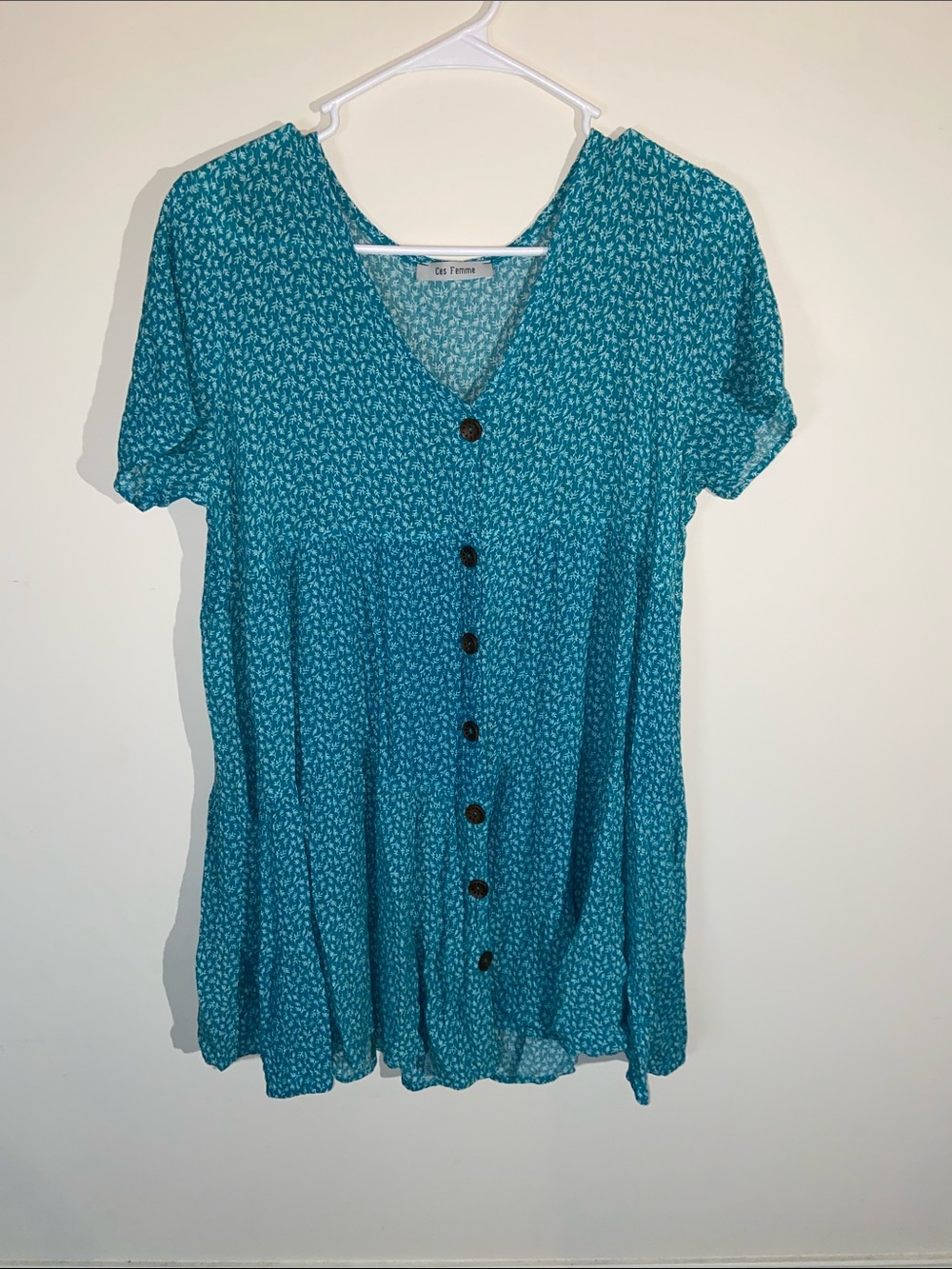 Ces Femme Teal Floral Short-Sleeve Button-Front Babydoll Dress Size M